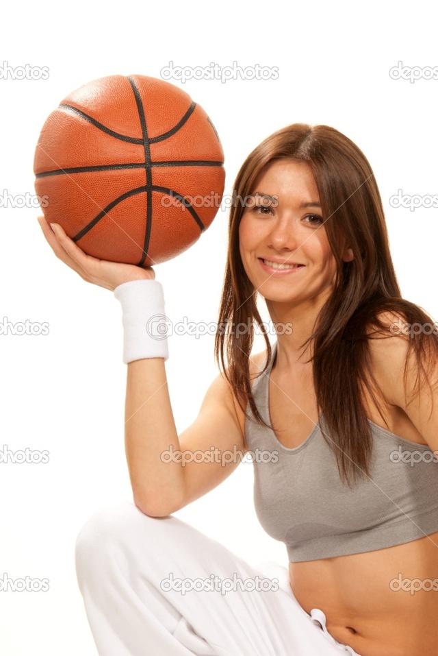 brunette woman pics photo woman brunette hand pretty basketball stock holding depositphotos