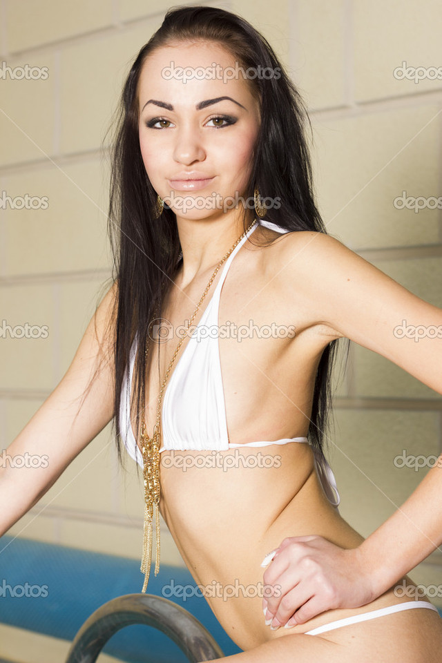 brunette woman pics photo sexy woman brunette bikini pool stock slim depositphotos