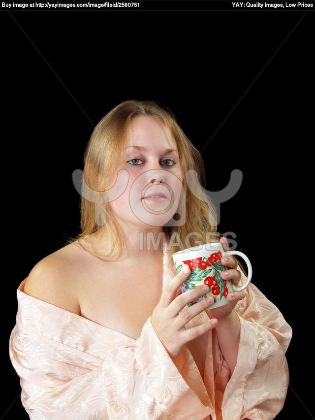 plump woman pics young woman coffee plump stock cup robe