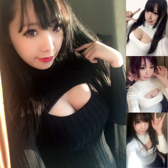 sexy big breast pictures product original sexy show high cosplay cleavage turtleneck breast fashion sweaters collar knitted pullovers