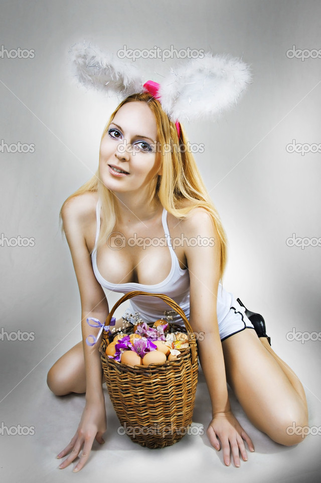 young big breast pics photo sexy woman bunny basket stock easter eggs depositphotos
