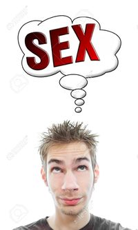 hot sex picture vlue young white caucasian male adult thinks about hot his think bubble isolated backgrou stock photo