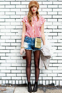 images pantyhose steffy black polka dot pantyhose denim shorts vertically striped red white shirt tights