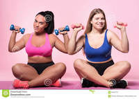 photos of chubby women pair chubby women sitting holding dumbbells getting strong portrait nice plump floor small both hands against stock photo supporting each pretty smiling lady shoulders mulatto female friend