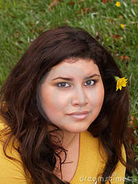 plump woman pics young plump woman yellow sweater flower stock photography