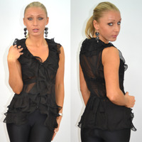 sexy black ladies photos combine itm ladies ruffled sheer frill tie blouse sexy black shirt